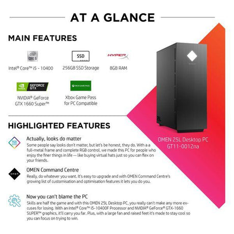HP OMEN 25L Gaming PC - Intel Core i5, GTX 1660 Super, 2 TB HDD & 256 GB SSD, 9ZA30EA#ABU