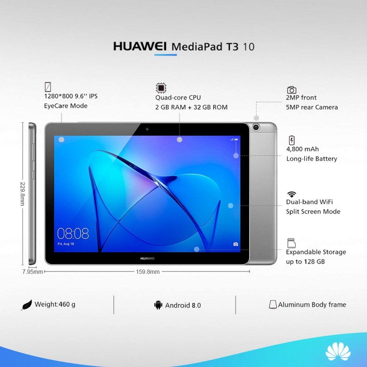 Huawei MediaPad T3 10 Wi-Fi Tablet, 2GB RAM, 16GB, AGS-W09. Space Grey - New