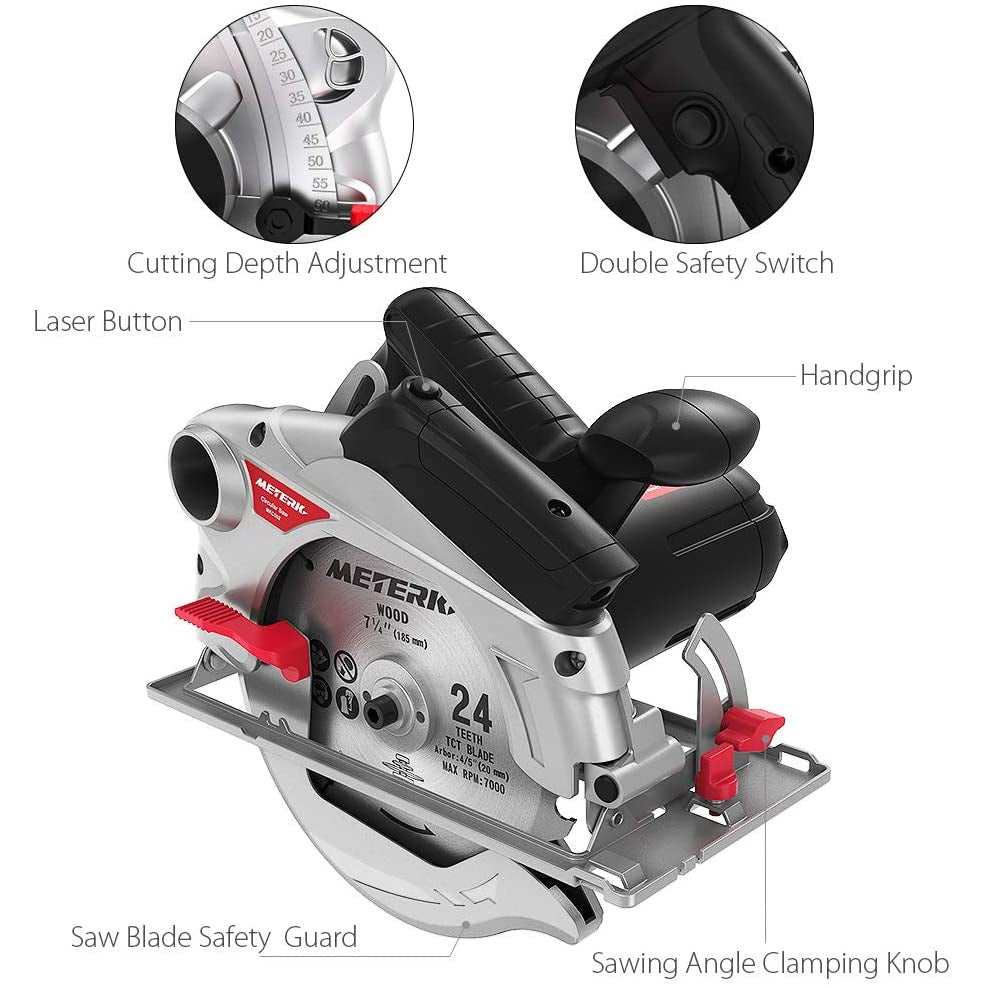 Meterk M1Y-DU26-185 Circular Saw 1500W 4700RPM, Laser Guide, Double Safety Switch, Ideal for Wood, Plastic, Soft Metal