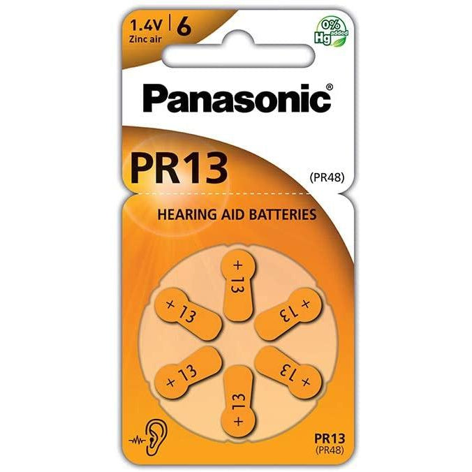 Panasonic PR13 Zinc Air batteries for hearing aids, type 13, 1.4V, hearing aid batteries, 6 in a pack