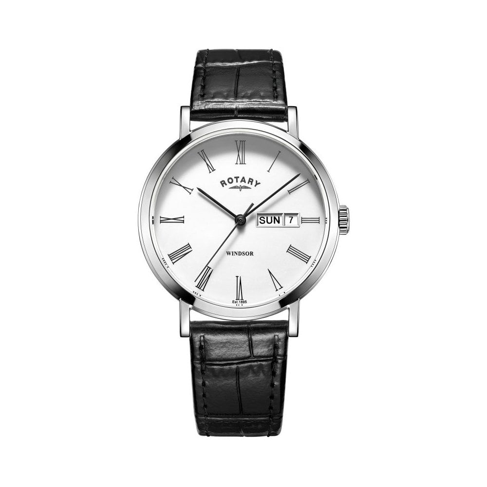 Rotary Windsor GS05300/01 Leather Strap Men's Watch + Cufflink Set - Silver