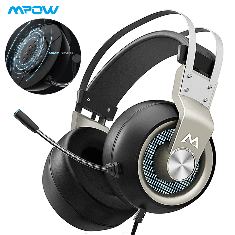 Mpow EG3 Pro Gaming Headset USB Wired Headphones Stereo Mic, Black/Silver