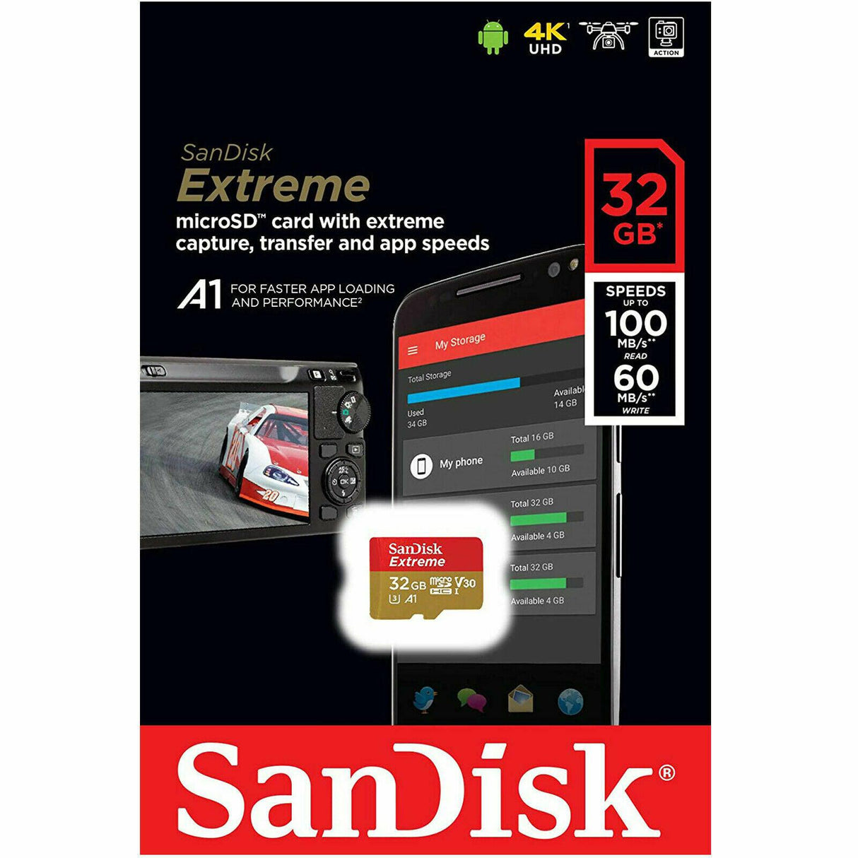 SanDisk Extreme MicroSD Card 32GB Memory Card U3 V30 Class 10 + SD Adapter with Performance Up to 100 MB/s