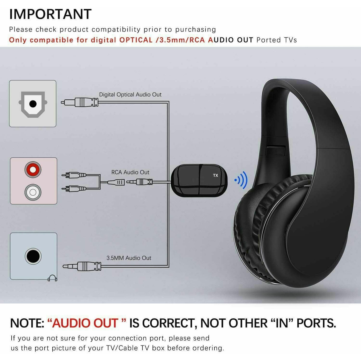Jelly Comb Optical, 3.5mm AUX, RCA Audio Out Cordless TV Headset Over-Ear
