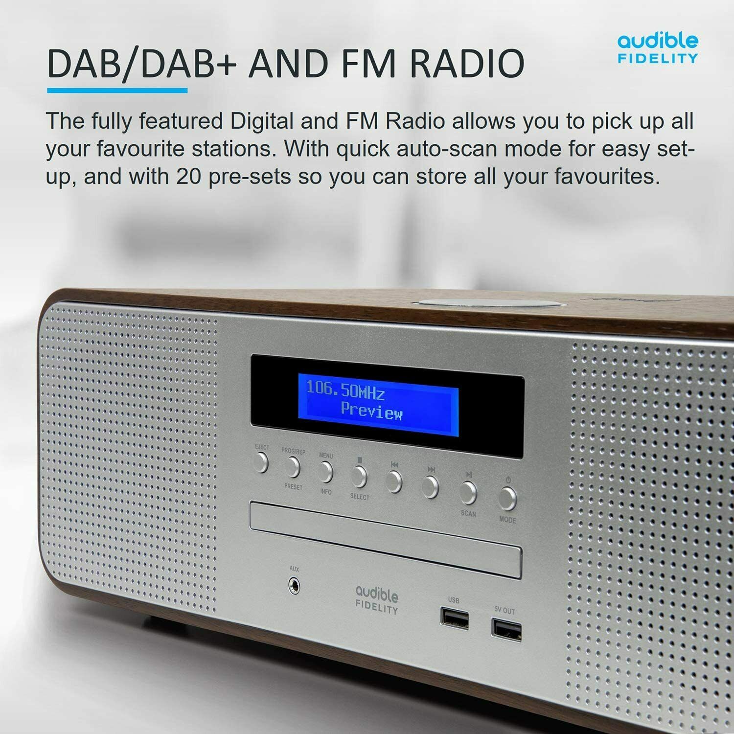 Audible Fidelity Complete Hi-Fi DAB/DAB+ Stereo System CD Player, Brown/Silver