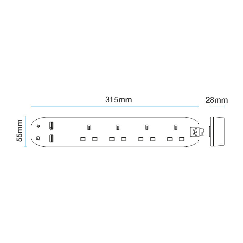 Masterplug 4 Way Surge Extension Lead with 2 USB Ports, 4M Cable