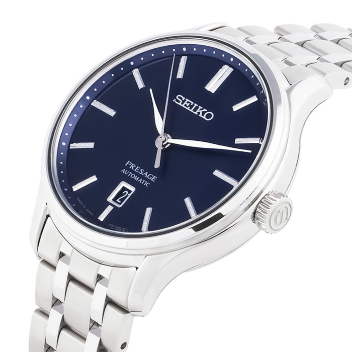 Seiko SRPD41J1 Men's Presage Automatic Date Bracelet Strap Watch, Silver / Blue