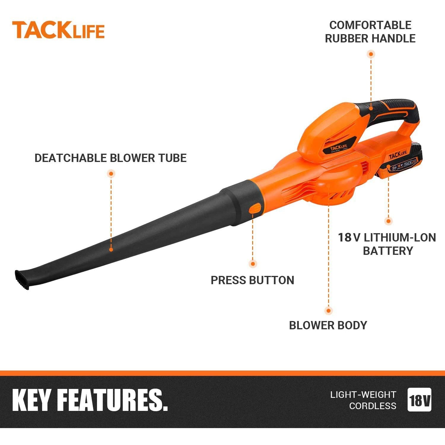 Tacklife KDB20A Battery Blower, 18 V Dead Leaf Blower, 190 km/h, Light Weight, Detachable Tube