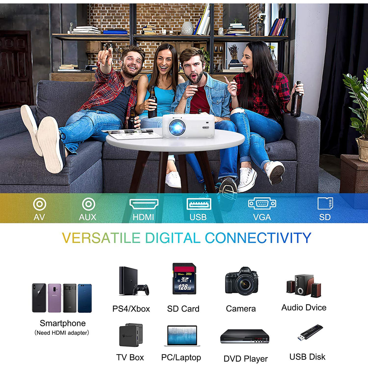 Vilinice BL-43 Lux Mini Projector, Full HD 200'' Display, White